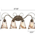 Retro Vintage Four Light Wall Lamp For Bathroom Vanity With Amber Glow Glass Shade Scroll Arm Design In Golden Bronze Finish