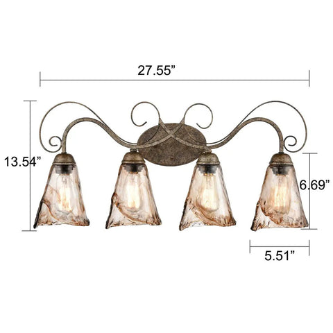 Retro Vintage Four Light Wall Lamp For Bathroom Vanity With Amber Glow Glass Shade Scroll Arm Design In Golden Bronze Finish