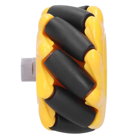 Mecanum wheel module for DIY robot car, yellow housing with black angled rollers, 48mm, side view
