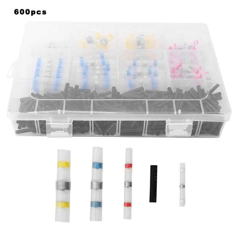 Rock Solid 600 Piece Heat Shrink Butt Connectors Kit Double Wall Gel Sealed Waterproof Wire Terminals in storage container.
