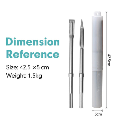 SDS Max Shank Rotary Hammer Chisel Set With 16 Inch Shank Point And Flat Carbide Chisels For Concrete Brick Stone Masonry Includes Handy Storage Case 2 Piece Kit 009 DY CJ 2, shown with dimensions.