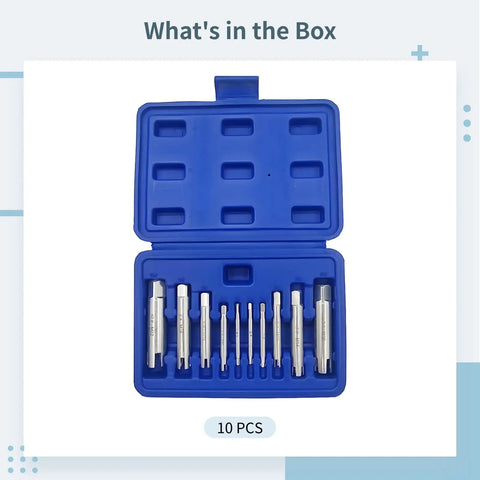 Heavy Duty 10 Pc Screw Tap Extractor Set M4 To M22 High Hardness Carbon Steel Easy Out Repair Kit For Stripped Damaged Broken Head Bolts Solid Grip In Your Car Or Home Tool Box, blue case open