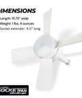 Slick Socket Ceiling Fan With Blazing Led Bulb And E26 Screw Base Mini Light Fixture dimensions showing 15.75-inch wide fan design.