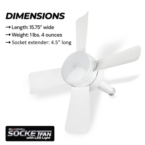 Slick Socket Ceiling Fan With Blazing Led Bulb And E26 Screw Base Mini Light Fixture dimensions showing 15.75-inch wide fan design.