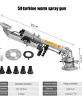 50 turbine worm spray gun with adjustable parts and dimensions display, showing connection method and specifications.