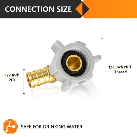 Ten Piece PEX Fittings Set With Brass Crimp Fittings For One Half Inch PEX To One Half Inch Female NPT Swivel Elbow For Potable Water Certified To ASTM F1807 And NSF ANSI 61 Lead Free. 1/2 inch PEX x 1/2 inch NPT swivel elbow