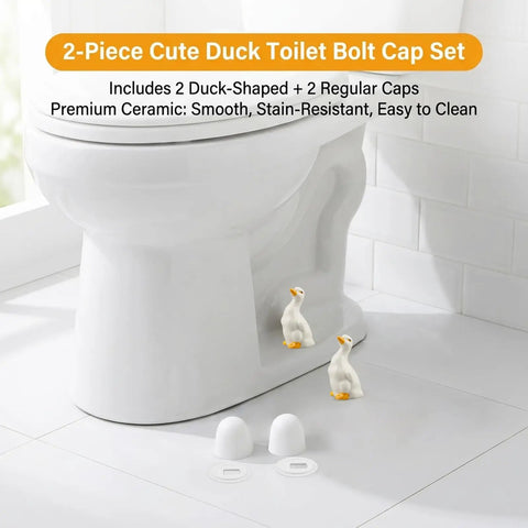 Heckin Cute Duck Toilet Bolt Covers With Ceramic Snap On Screw Caps For Base Bolts featuring white ceramic duck caps beside toilet.