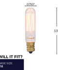 Old School Glow Nostalgic 25 Watt Edison T6 Bulb With Vintage Filament, E12 Candelabra Base, size dimensions displayed