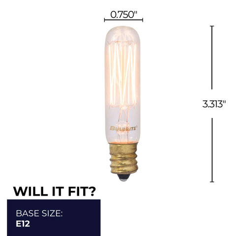 Old School Glow Nostalgic 25 Watt Edison T6 Bulb With Vintage Filament, E12 Candelabra Base, size dimensions displayed