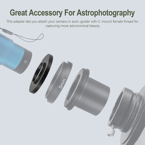 Exploded view of T2 Female To C Mount Telescope Camera Adapter For Telescopes And Macro Photography anodized aluminum components.