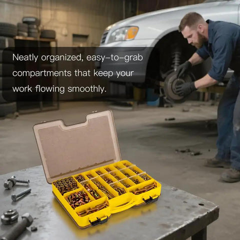 1066 Piece Metric Bolt And Nut Assortment Kit 8.8 Grade Hex Fasteners Spanning M4 Through M12 in yellow organizer for easy access.