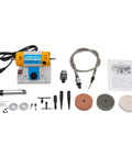 Industrial Strength Bench Buffer And Jewelry Polisher With Variable Speed Drive 320W Motor 800 To 10000 RPM Heavy Duty Design includes attachments and tools for metal finishing.