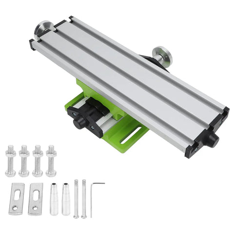 Pro Grade Precision Cross Slide Table Mini Compound Drilling Bench Featuring Smooth Adjustable Dovetail Slots with aluminum rail and base.