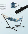 Two Person Outdoor Hammock With Adjustable Metal Stand For Patio Or Garden, with carrying cases and dimensions, blue.