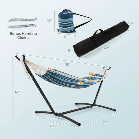 Two Person Outdoor Hammock With Adjustable Metal Stand For Patio Or Garden, with carrying cases and dimensions, blue.
