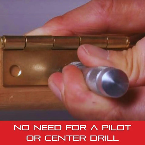 Hand using Replacement Point For 18A Automatic Center Punch With Adjustable Stroke, All Steel, to mark hinge hole.