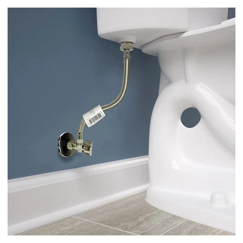 Toilet Angle Shut Off Valve Set With Escutcheon Plate And 12-Inch Stainless Steel Braided Water Supply Line With Brass Nut in bathroom setup