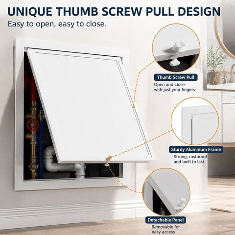 No Sweat Heavy Duty Metal Access Panel For Drywall Wall And Ceiling, 30X32 inch, showcasing thumb screw pull design.