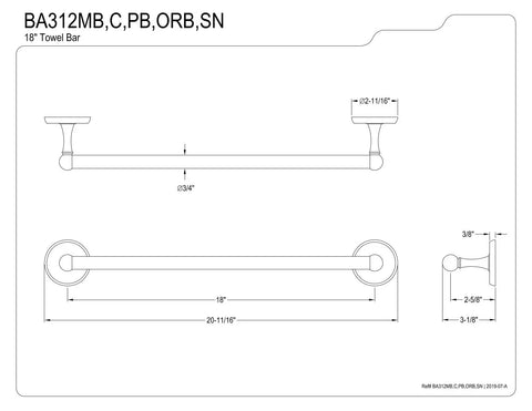 Victorian Matte Black Sleek 4-Piece Bath Accessory Set 18-Inch Towel Bar diagram with measurements and design details