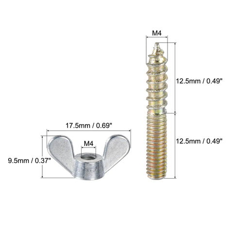Heavy Duty M4x25mm Hanger Bolts And Matching Wing Nuts Hardware Kit For Furniture Mods And DIY Builds Bang For Your Buck Solid Steel Construction displayed with measurements.