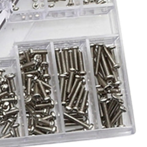 Close-up of organized silver screws in the Miniature Screw Kit Set With Silver Tiny Screws For Eyeglasses, Sunglasses And Watches.
