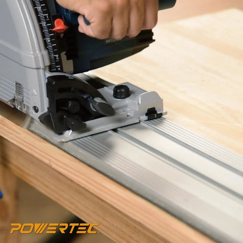 Powertec track saw cutting on guide rail using Track Saw Guide Rail Connector Set For Festool Makita DeWalt And Triton Pack Of 2 Easy To Link Rails With A Snug No Fuss Fit Keeps Gaps Tight And Alignment Precise Quick Install And Durable Reusable Kit on wooden board