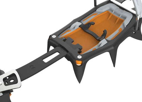 Close-up of Vasak LeverLock Universal Crampons pair with Alpen Adapt modular system, showing detail of reconfigurable bindings.