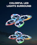 Mini Drone For Adults And Beginners, RC Butterfly Quad With Colorful LED Lights, 3D Flips, two drones lit against dark sky