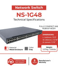 48 Port Gigabit PoE Switch With Six 10G SFP Plus Uplinks, 1U Rack Mount, shown with dimensions and technical specifications.