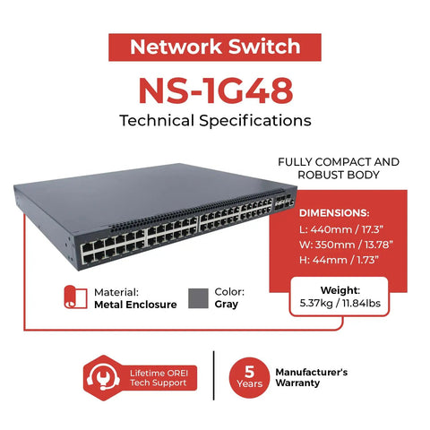 48 Port Gigabit PoE Switch With Six 10G SFP Plus Uplinks, 1U Rack Mount, shown with dimensions and technical specifications.