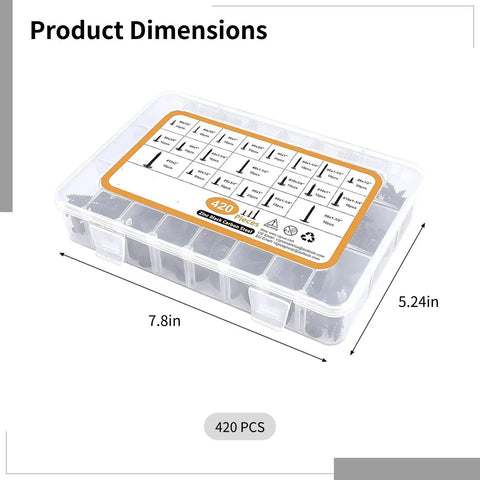 Assorted Wood Screws Kit With 420 Pieces in clear case, dimensions 7.8x5.24 inches, Carbon Steel Phillips Head Black Zinc Coated