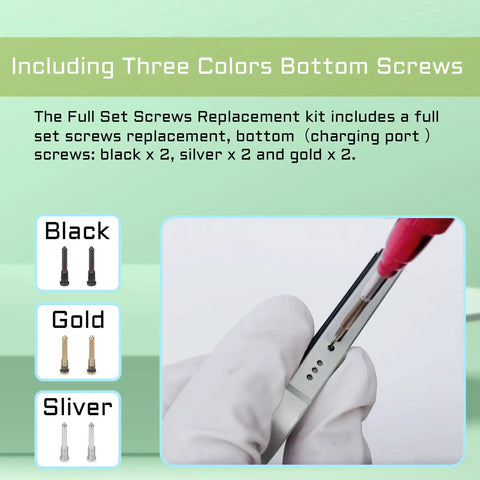 Complete Internal Screws Set And Metal Bracket Kit For IPhone X And IPhone 10 Repair Includes Small Bottom Screws And Precision Screwdriver Tools For Easy DIY Fixes, showing three color screws and tweezers