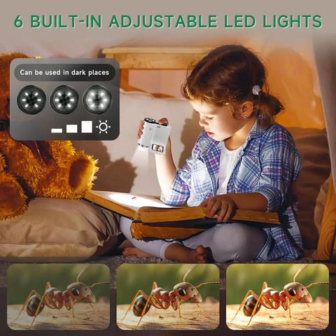 3 In 1 Handheld Microscope With 2 Inch LCD Screen 1000X Zoom For Kids Ages 8 To 12 Portable Mini Scope With LED Light Includes 32GB Card And 5 Sample Slides Awesome Halloween Christmas Birthday Gift, child using microscope in dark