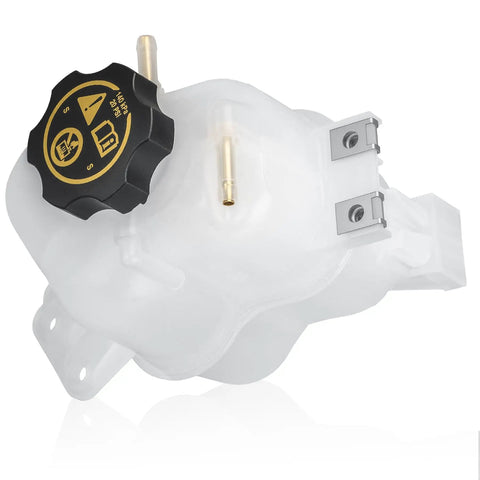 Upgrade Your Ride With This Heavy Duty Front Engine Coolant Reservoir Replacement Radiator Expansion Tank With Cap For 2013 2014 2015 Chevy Spark viewed from the side showing black fill cap.