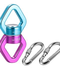 Beefy Safety Rotational Swivel With Aluminum Alloy Double Ball Bearings, Holds Over 8500 Pounds, 360 Degree Spin For Smooth Rope Climbing, Hiking And Workouts, Attaches Up To Three Carabiners, Prevents Rope Twist And Kinking. blue and purple aluminum swivel with two carabiners