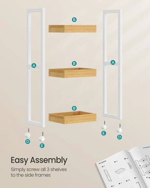 Ultra Slim Bamboo Rolling Cart With Three Adjustable Shelves Super Handy For Tiny Bathrooms And Narrow Passages Cool Spot For Showing Potted Greenery Or Stashing Shower Supplies Smooth Gliding Base With Locked Wheels Manages Serious Weight Without A Sweat