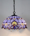 Tiffany Style Pendant Light Fixture With Blue Purple Baroque Stained Glass Wide 16 Inch Shade 40 Inch Hanging Height