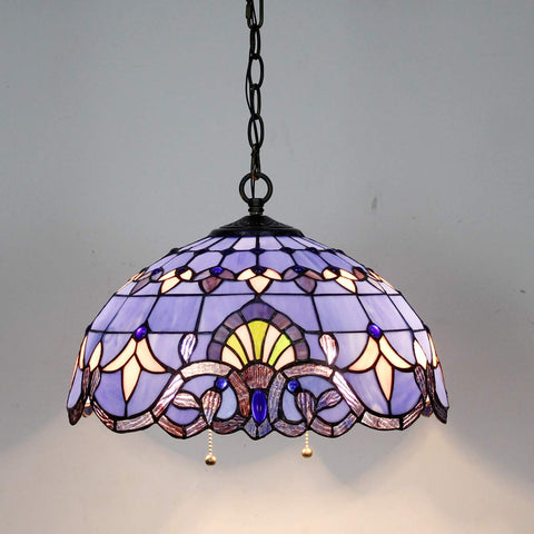 Tiffany Style Pendant Light Fixture With Blue Purple Baroque Stained Glass Wide 16 Inch Shade 40 Inch Hanging Height