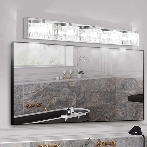 Five Light LED Modern Bathroom Vanity Fixture With Crystal Glass And Stainless Steel Over Mirror, sleek design