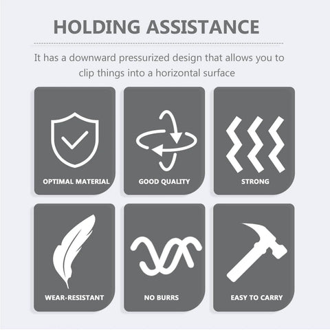 Infographic showing features of the 10 Piece Quick Release Toggle Clamps Set For Woodworking And Welding Fixtures, Vertical And Horizontal Heavy Duty Workholding, Easy One Hand Release, Zinc Plated Anti Rust Finish, Durable Grips, Secure Hold For Tight Positions, including optimal material, good quality, strong, wear-resistant, no burrs, easy to carry.