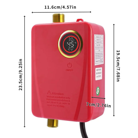 Compact Wall Mounted Tankless Electric Water Heater Featuring A Top Shelf 3000W Instant Hot On Demand Setup For Zero Waiting Around And Lightning Fast Warm Flow For Kitchen Or Bathroom Use No Fuss, red color with LCD display.
