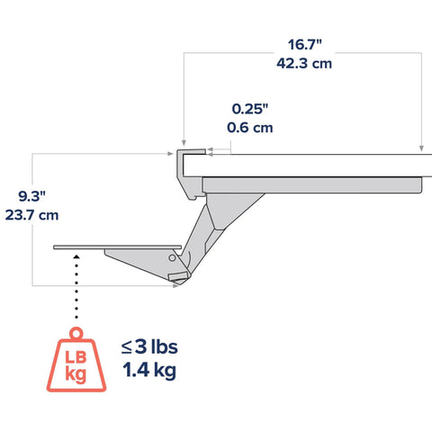 Razor Smooth Glide Under Desk Keyboard Tray With Adjustable Height Slide Out Arm dimensions diagram showing width and height.