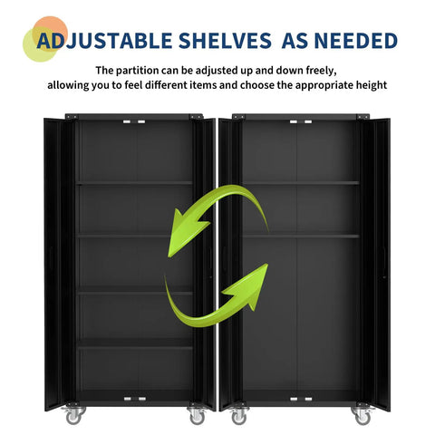 Heavy Duty 72 Inch Locking Storage Cabinet With Wheels And Pegboard, open doors showing adjustable shelves