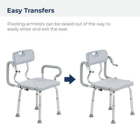 PreserveTech 360 Degree Swivel Shower Chair with arms raised for easy tub transfers, aluminum frame, single unit.