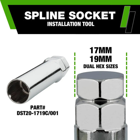 Spline socket installation tool with dual hex sizes 17mm and 19mm, shown in silver with part number DST20-1719C/001.