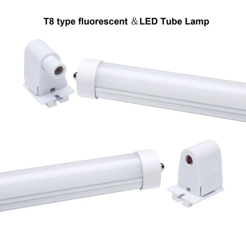 10 Pair T8 FA8 Single Pin Tombstone Lamp Sockets for Eight Foot LED Tubes showing white lamp holders and tubes in close-up view.
