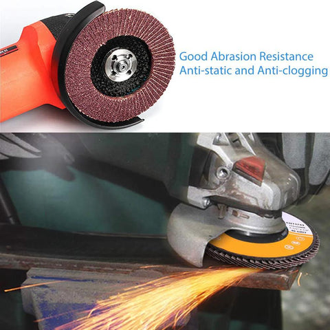 LotFancy 20-pack flap discs for 4.5 in angle grinder, aluminum oxide, 4.5x7/8 in, grits 40/60/80/120, shown on grinder.