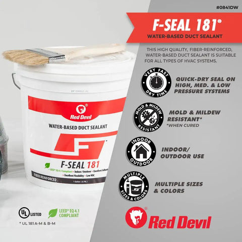 F-Seal 181 Fiber Reinforced Water Based Duct Sealant White 1 Gallon For Metal Fiberglass And Flexible Ducts Leak Free HVAC Sealant UL 181 A M B M Certified Indoor Outdoor Durability bucket with brush
