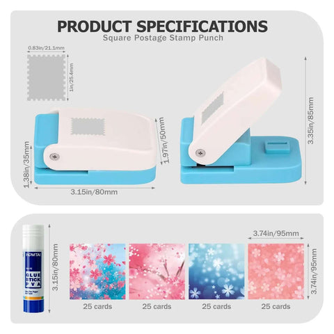 Rectangular Stamp Puncher Kit 0.8 Inch With Lever Action Paper Punch Includes Glue Sticks And 100 Colorful Paper Sheets