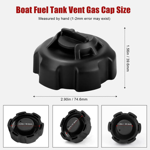 Vent Gas Cap For Boat Fuel Tank Replacement Marine Manual Fuel Tank Cap 62150110 shown with dimensions and close-up details